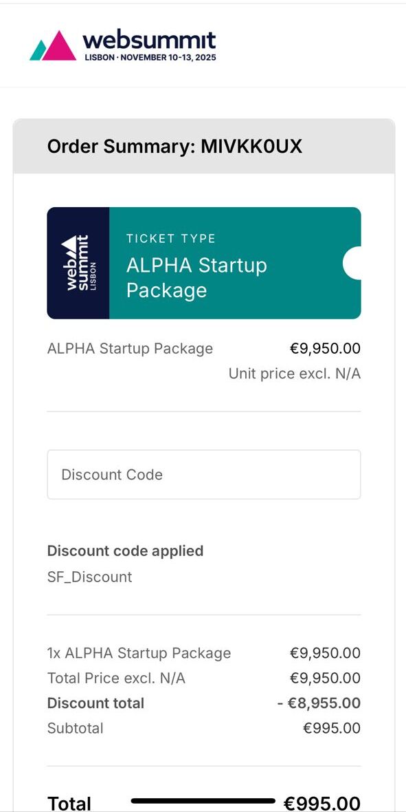 Web Summit ALPHA startup package showing the discounted amount and final €995 payment