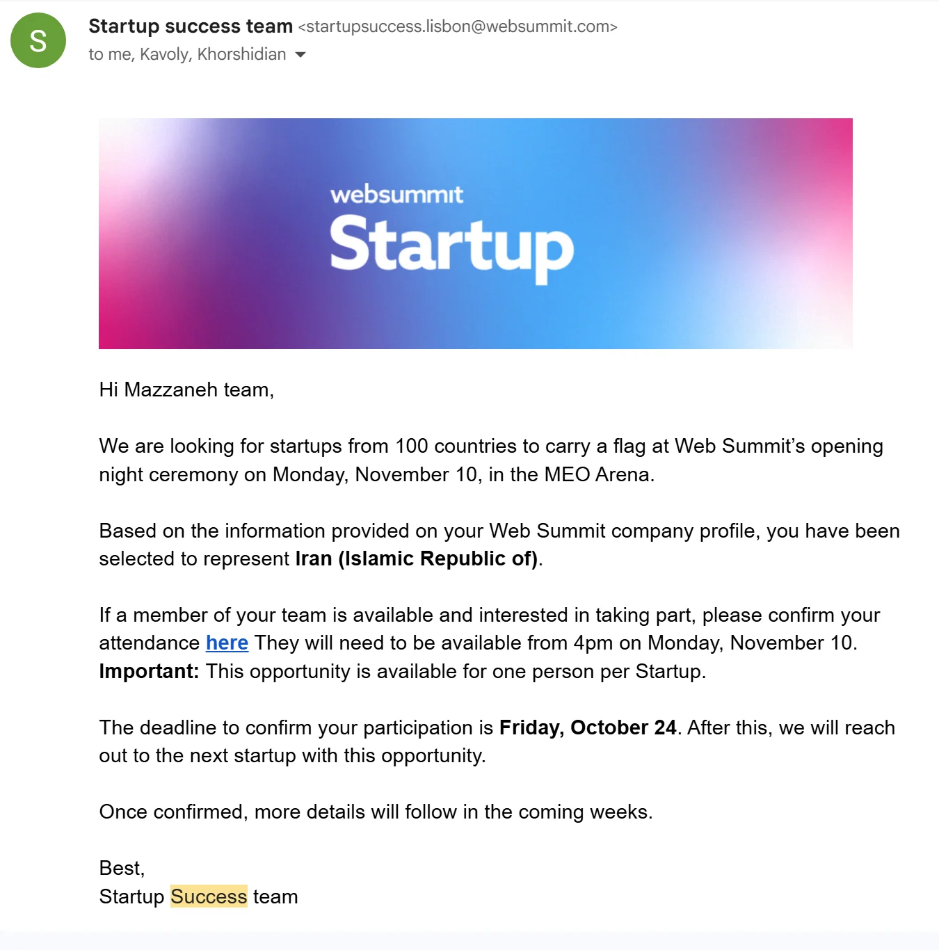 Web Summit email or screen showing Iran flag-carrier selection
