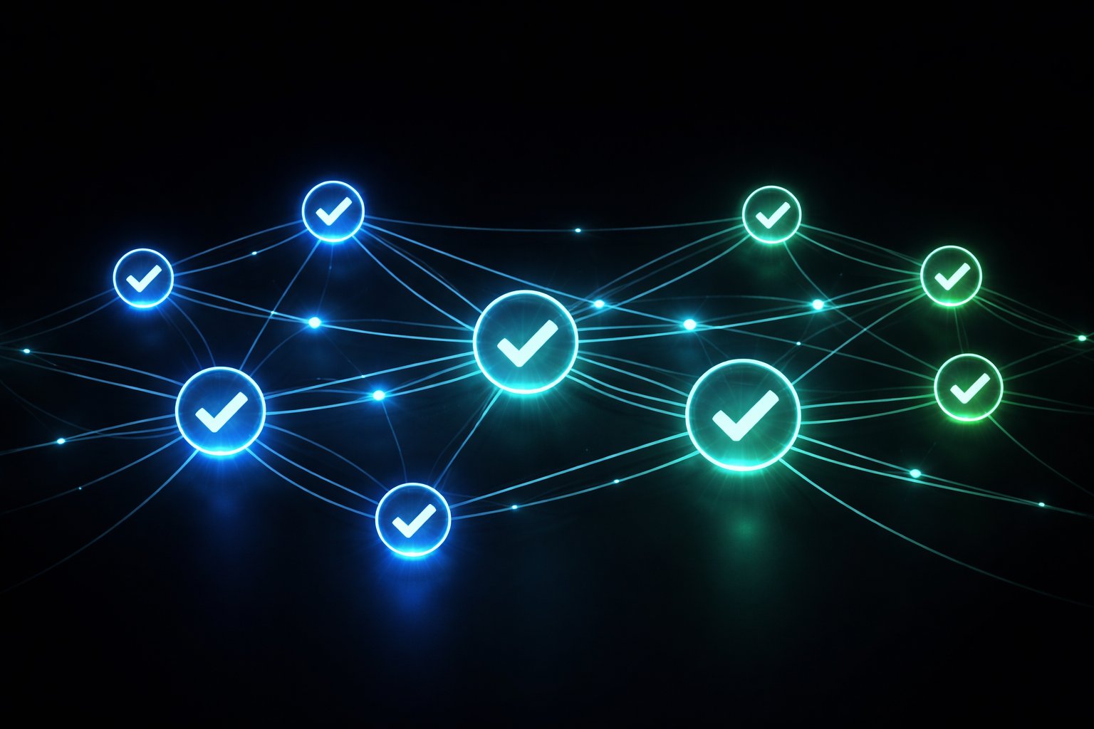 A network of glowing checkmarks connected by blue and green light trails — illustrating Output-Centered Safety where every response is validated against allow-listed templates